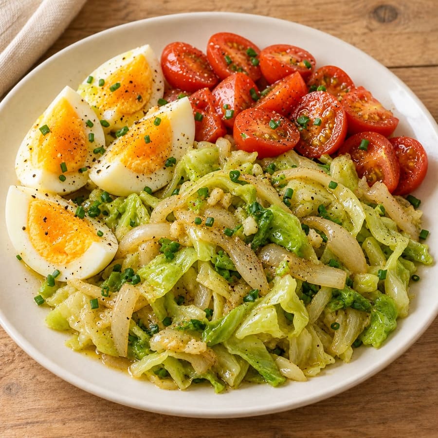 Eiersalat mit gebratenem Weißkohl und Kirschtomaten