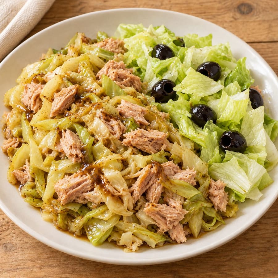 Warmer Thunfischsalat mit Weißkohl und schwarzen Oliven
