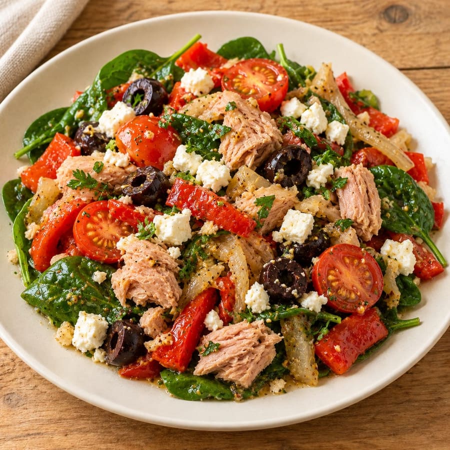 Warmer Thunfischsalat mit Paprika, Kirschtomaten und Babyspinat