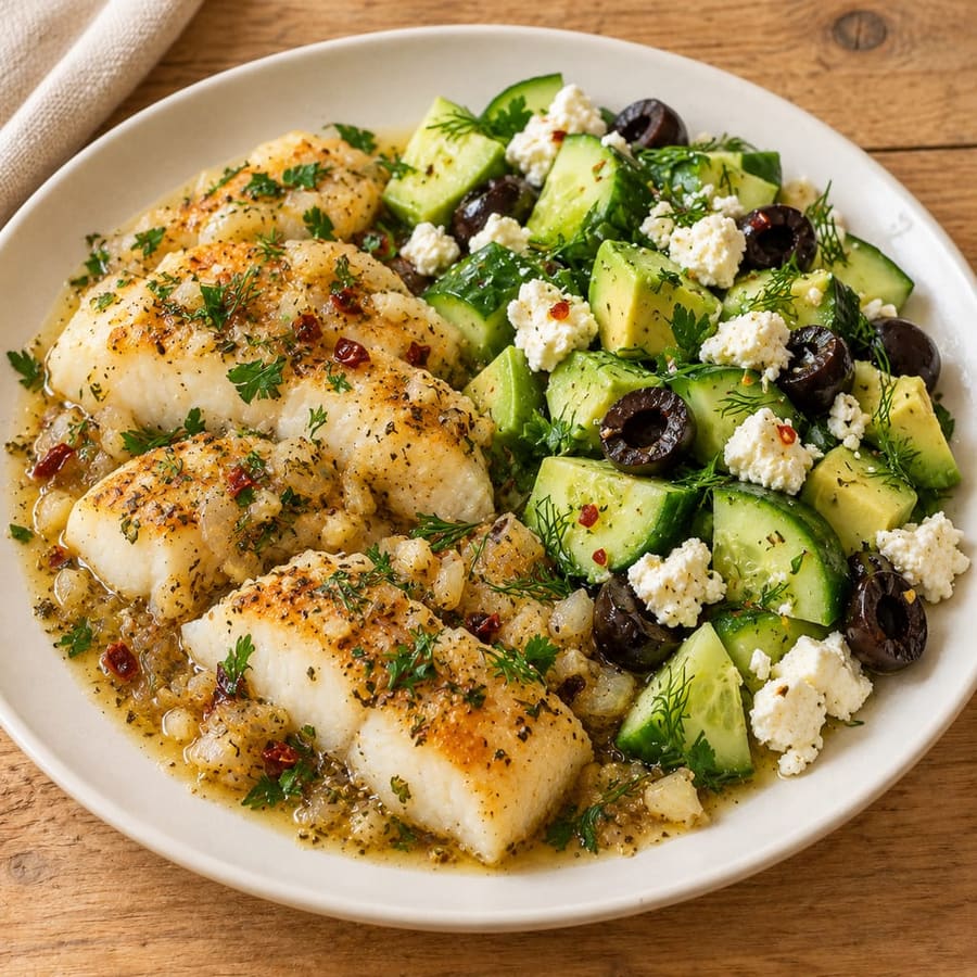 Lauwarmer Kabeljausalat mit Gurke und Avocado