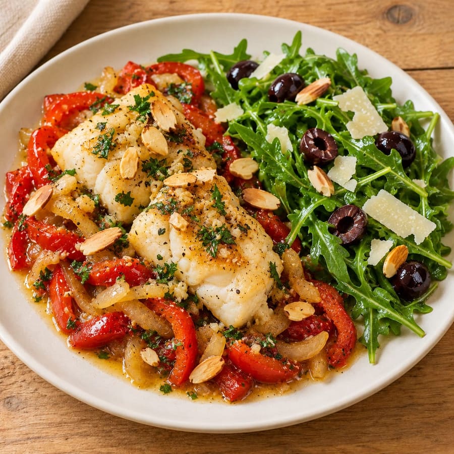 Lauwarmer Kabeljausalat mit Paprika und Rucola