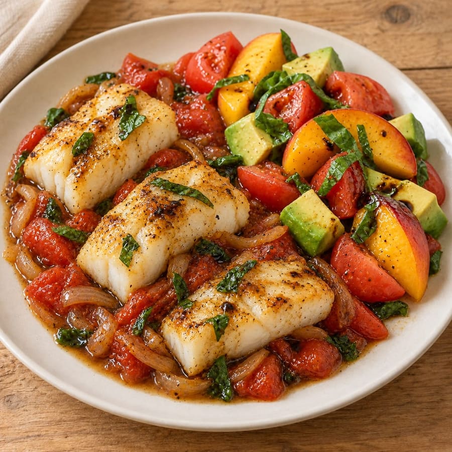 Lauwarmer Kabeljausalat mit Tomate und Pfirsich