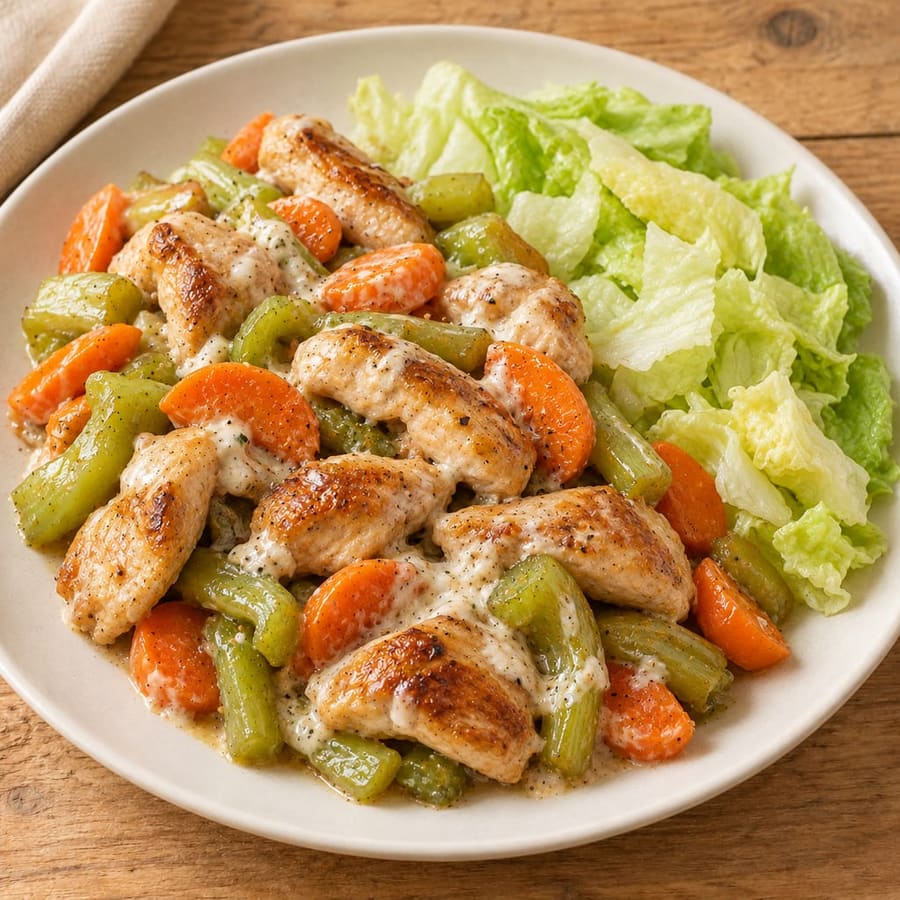 Warmer Salat mit Hähnchenschenkel und Joghurtsauce