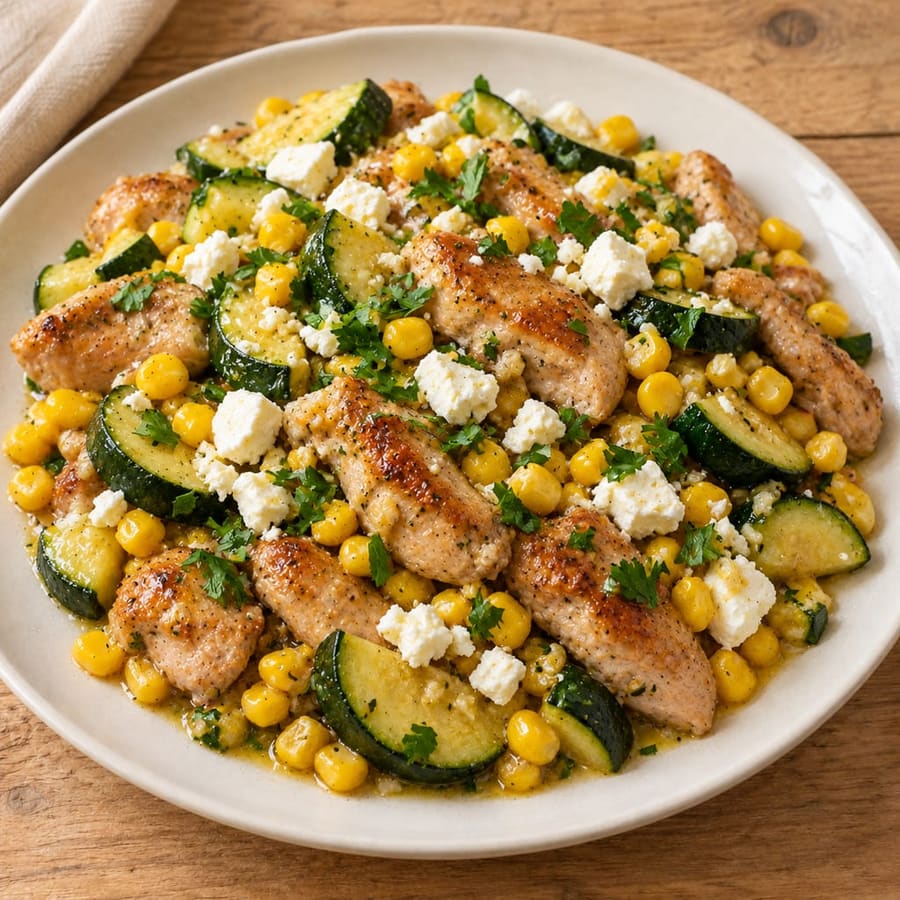 Warmer Hähnchensalat mit Zucchini, Mais und Feta