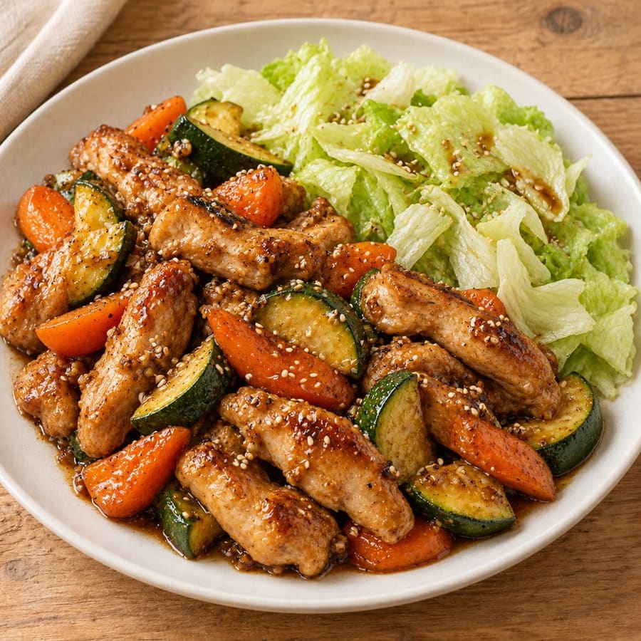 Warmer Hähnchensalat mit Zucchini, Karotten und Sojadressing