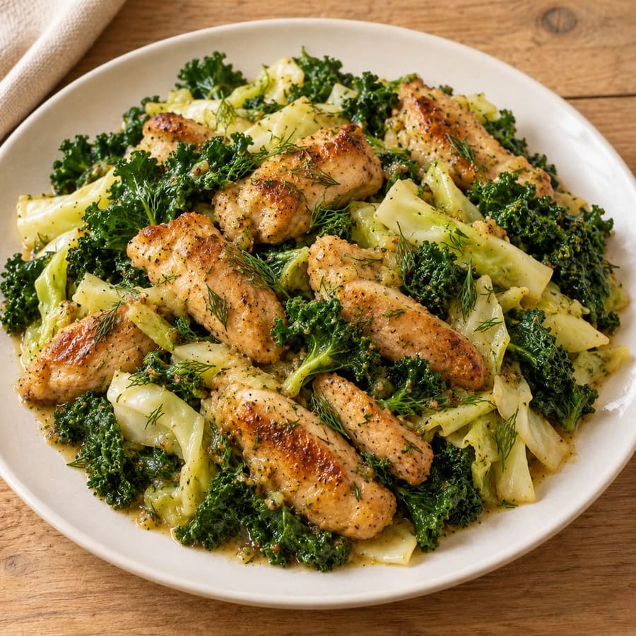 Lauwarmer Hähnchensalat mit Grünkohl und Weißkohl