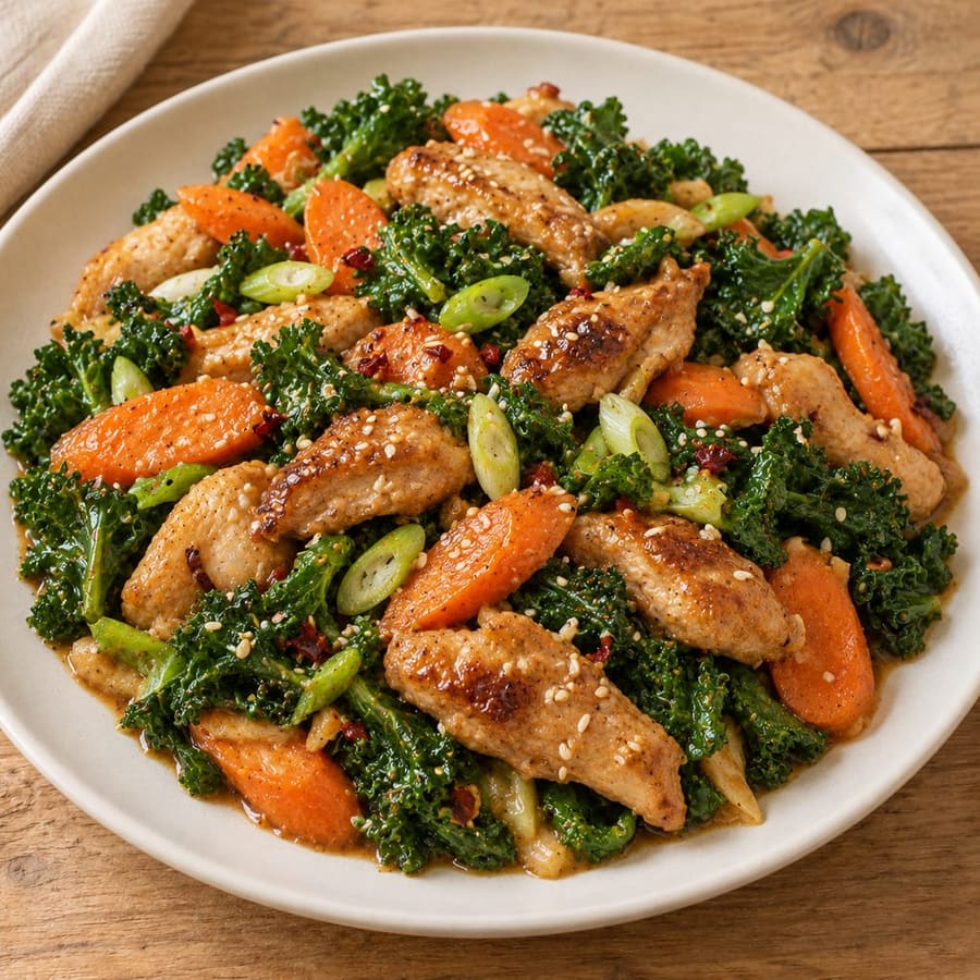 Warmer Hähnchensalat mit Grünkohl, Möhren und Erdnusssauce