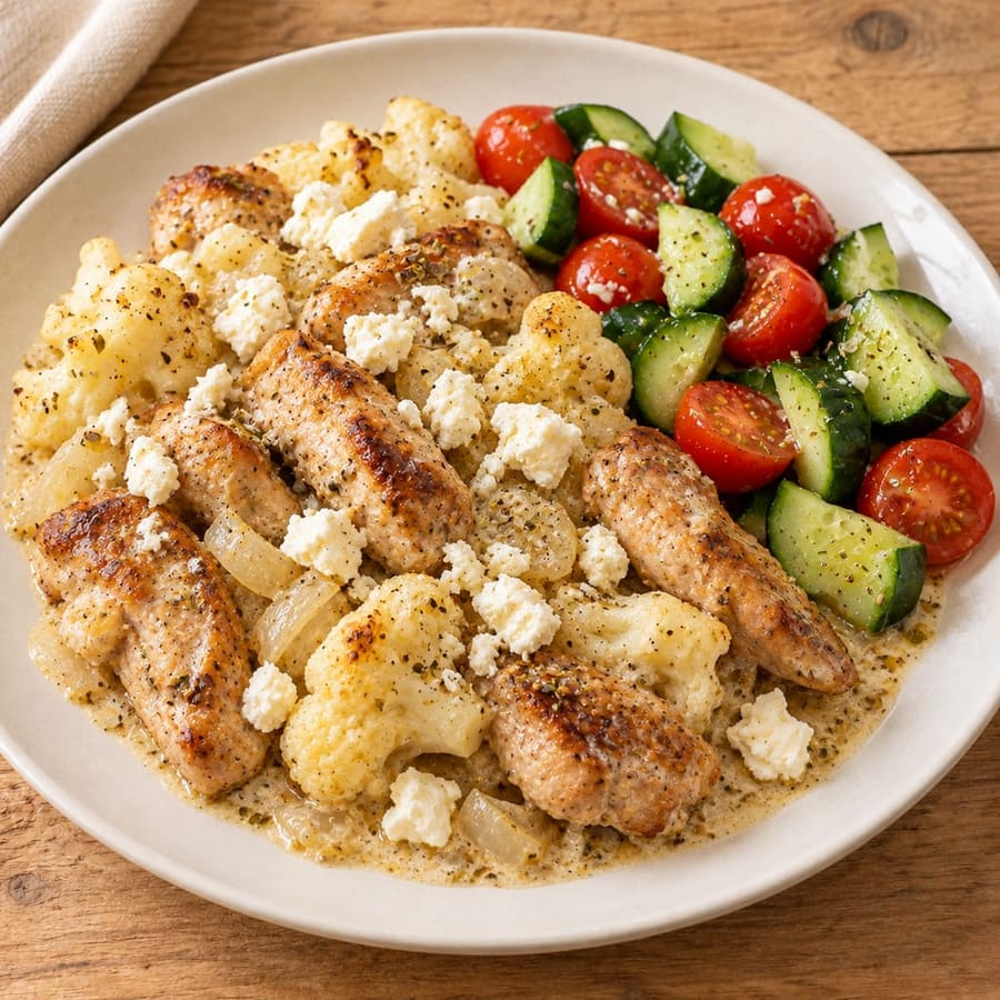 Warmer Hähnchensalat mit Blumenkohl, Gurke und Feta