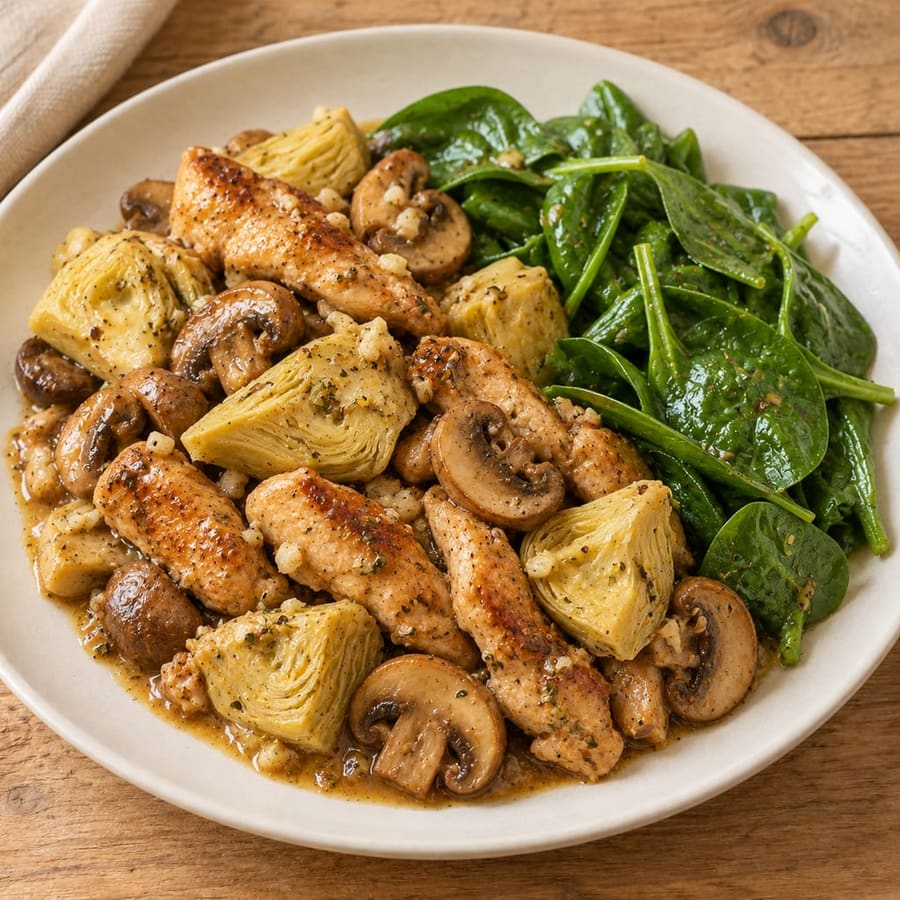 Warmer Hähnchenschenkelsalat mit Artischocken, Champignons und Spinat