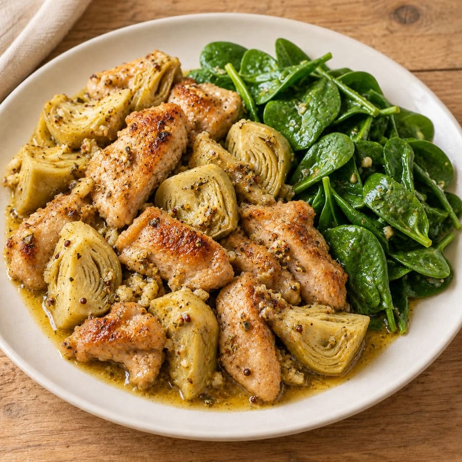 Lauwarmer Hähnchensalat mit Artischocken und Babyspinat