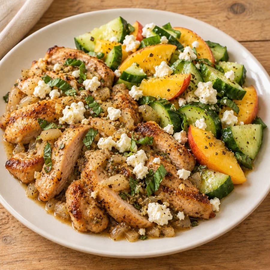 Warmer Hähnchensalat mit Gurke, Pfirsich und Feta