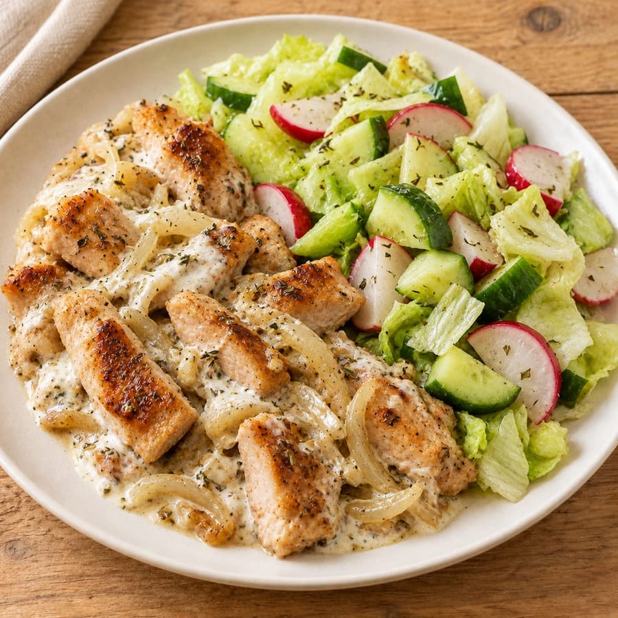 Warmer Hähnchensalat mit Gurke, Radieschen und Joghurtsauce