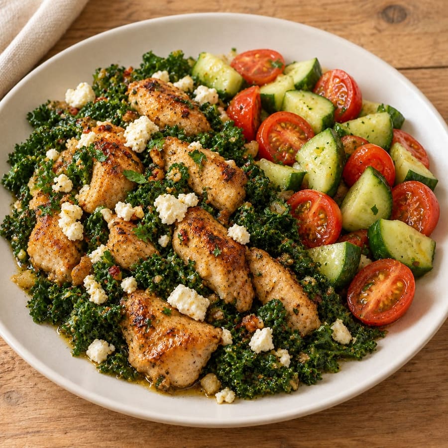 Lauwarmer Hähnchensalat mit Grünkohl, Gurke und Kirschtomaten