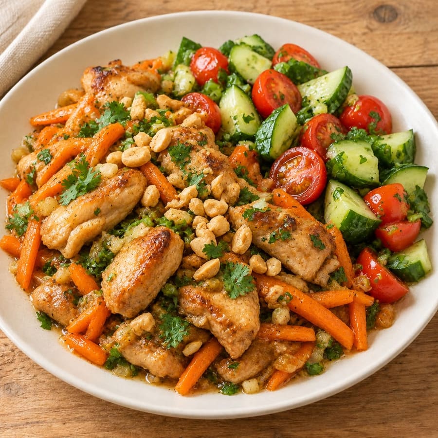 Warmer Hähnchensalat mit Gurke, Kirschtomaten und asiatischem Dressing