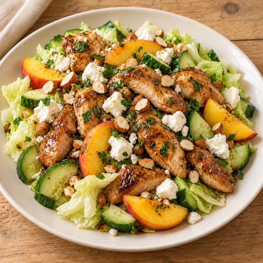 Lauwarmer Hähnchensalat mit Pfirsich und Ziegenkäse