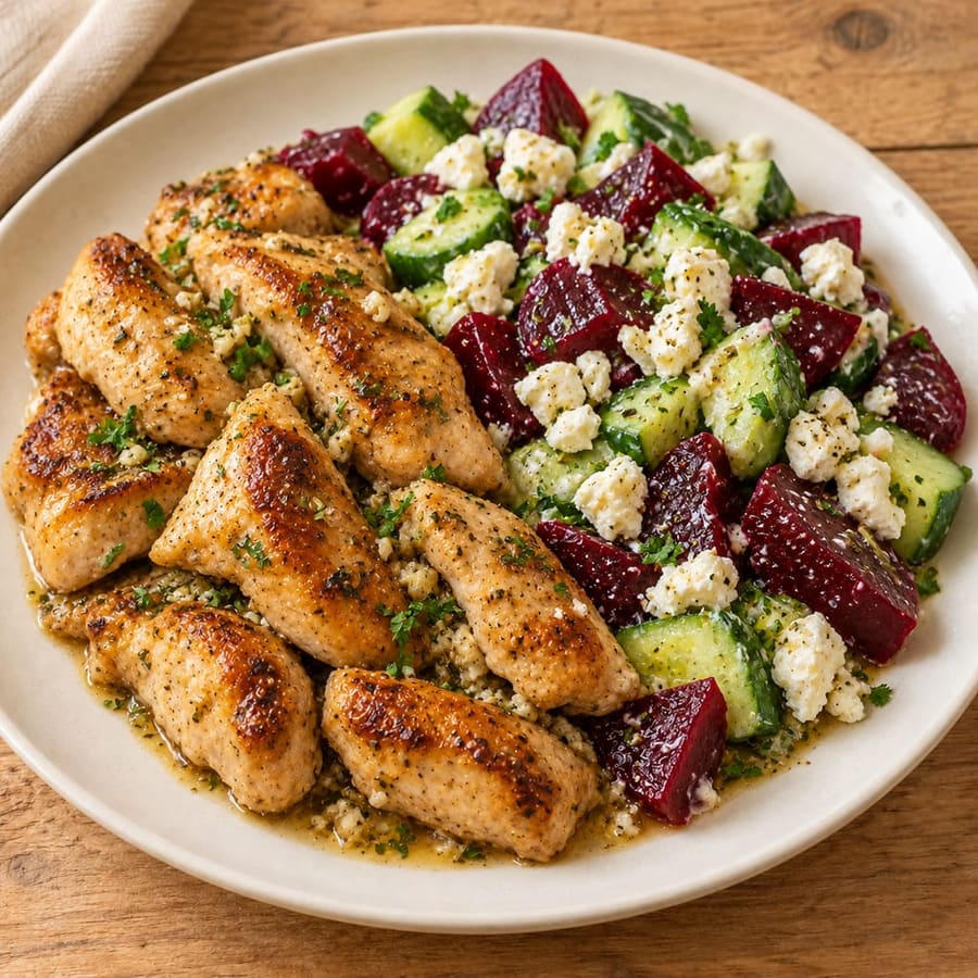 Warmer Hähnchensalat mit Gurke und Rote Bete