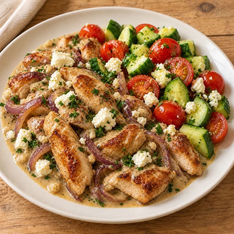 Lauwarmer Hähnchensalat mit Gurke, Kirschtomaten und Tahini