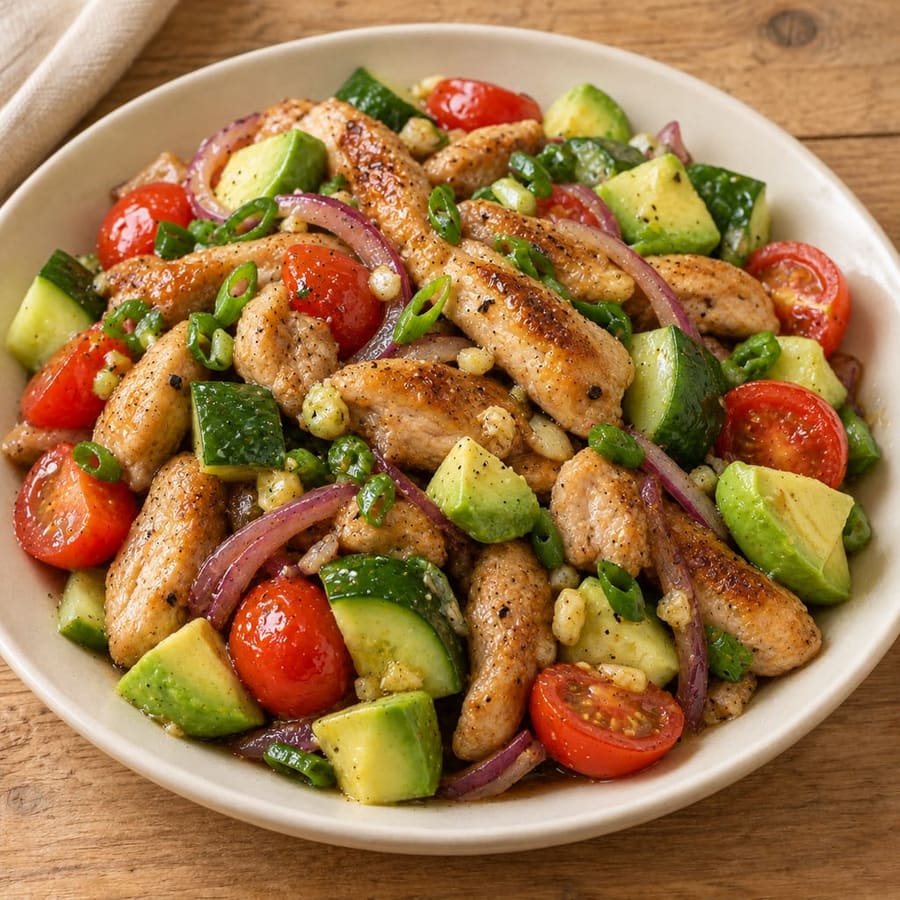 Warmer Hähnchensalat mit Gurke, Tomate und Avocado