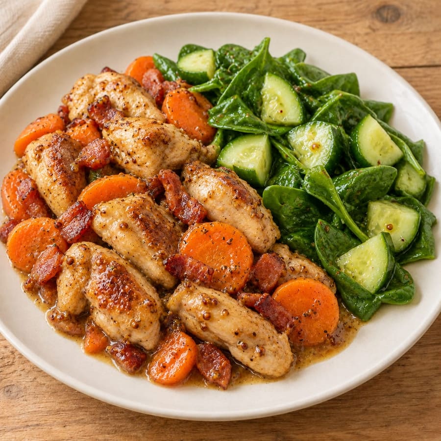 Warmer Hähnchensalat mit Babyspinat, Gurke und Karotten