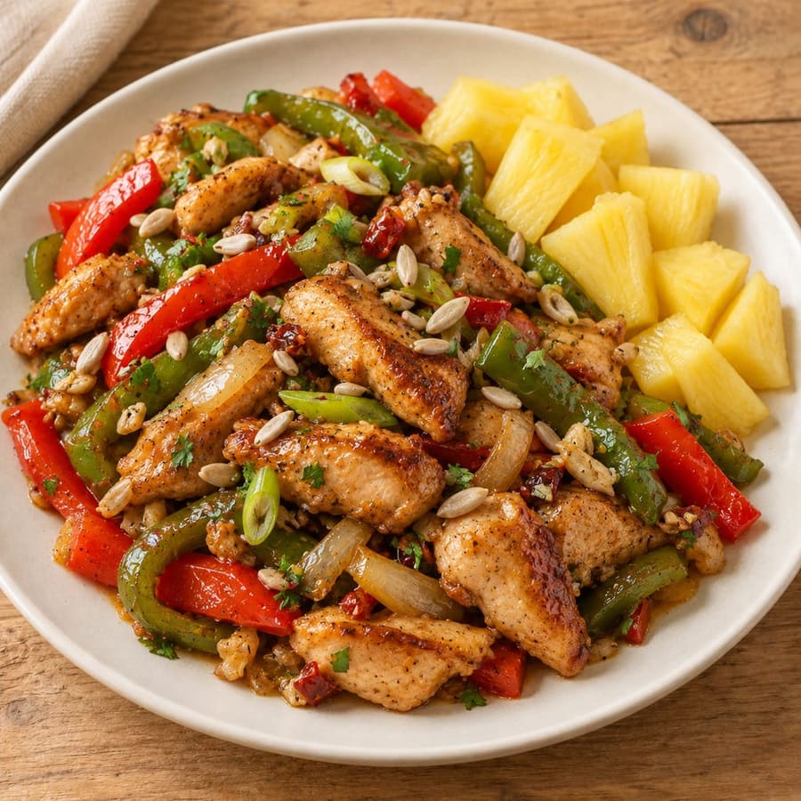 Warmer Hähnchensalat mit Paprika, Ananas und Sojasauce