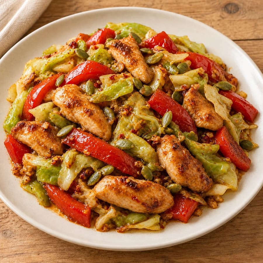 Lauwarmer Hähnchensalat mit Paprika, Kohl und Tomatendressing