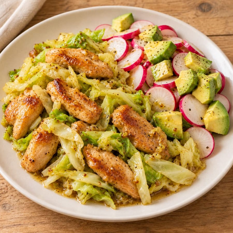 Warmer Hähnchensalat mit Kohl, Radieschen und Senf