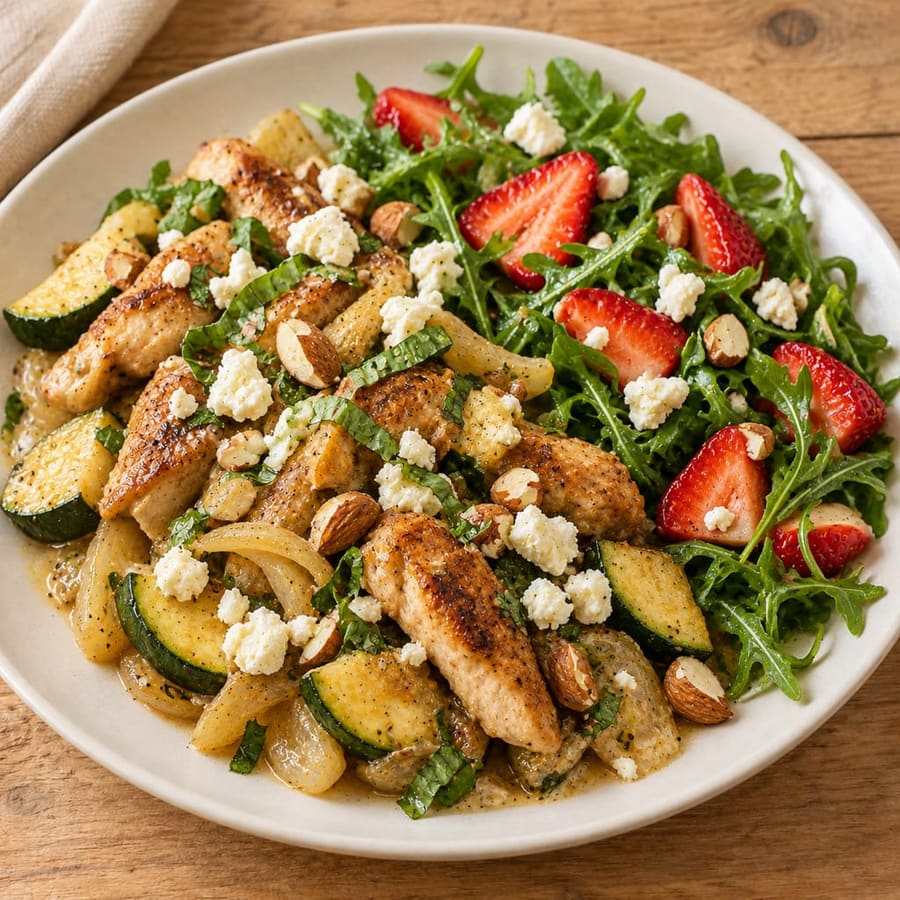 Warmer Hähnchensalat mit Rucola, Zucchini und Erdbeeren