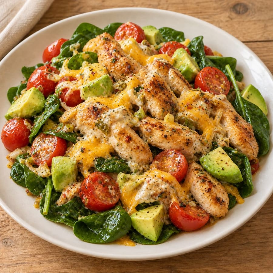 Warmer Hähnchensalat mit Spinat, Kirschtomaten und Joghurtsauce