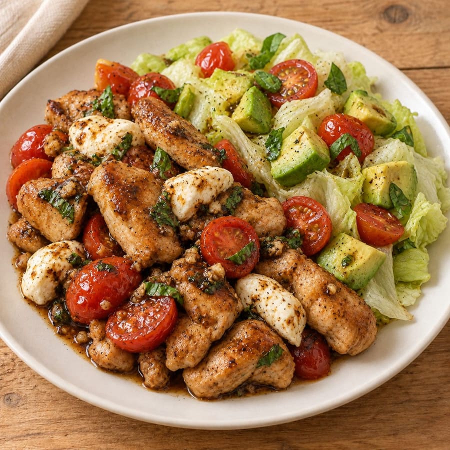 Warmer Hähnchensalat mit Kirschtomaten, Avocado und Mozzarella