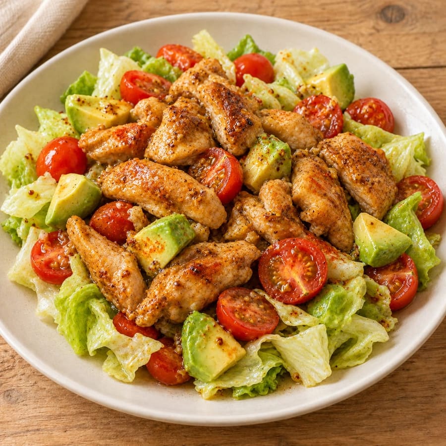 Lauwarmer Hähnchensalat mit Avocado und Dijon-Dressing