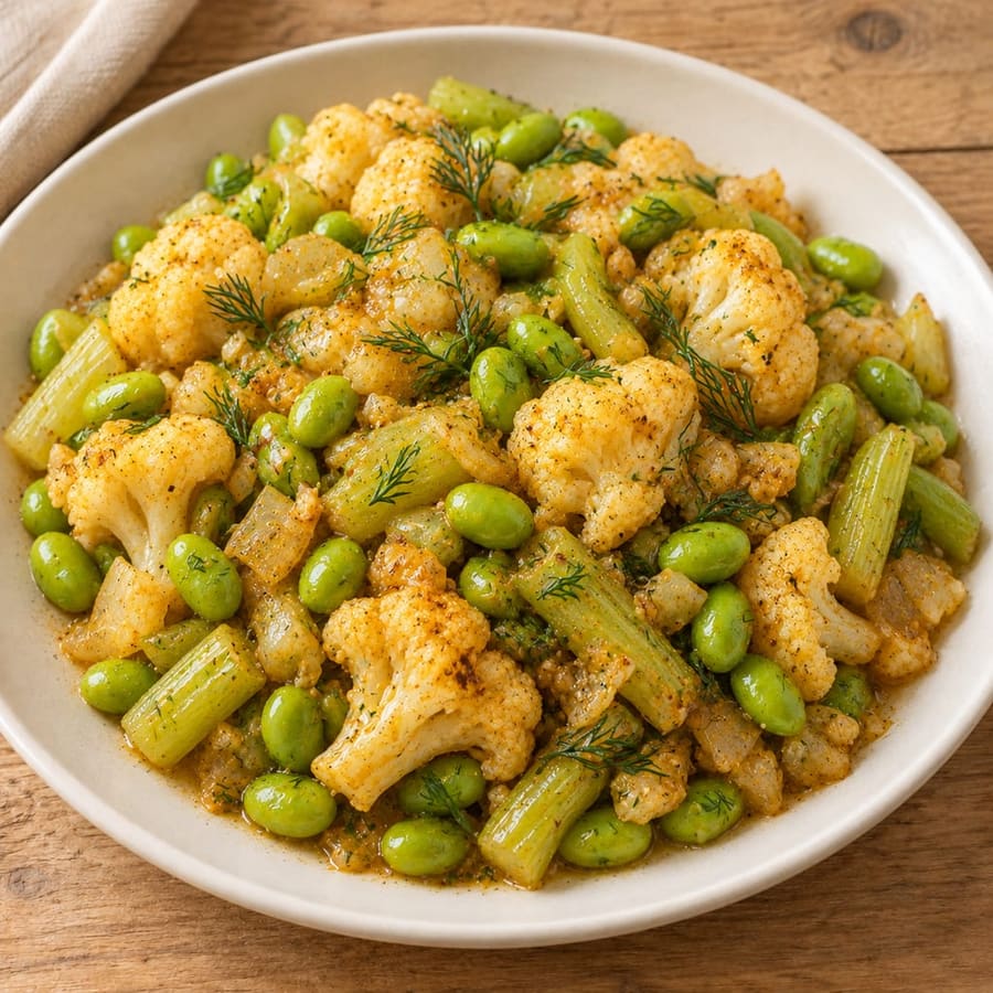 Lauwarmer Edamame-Salat mit Blumenkohl und Sellerie