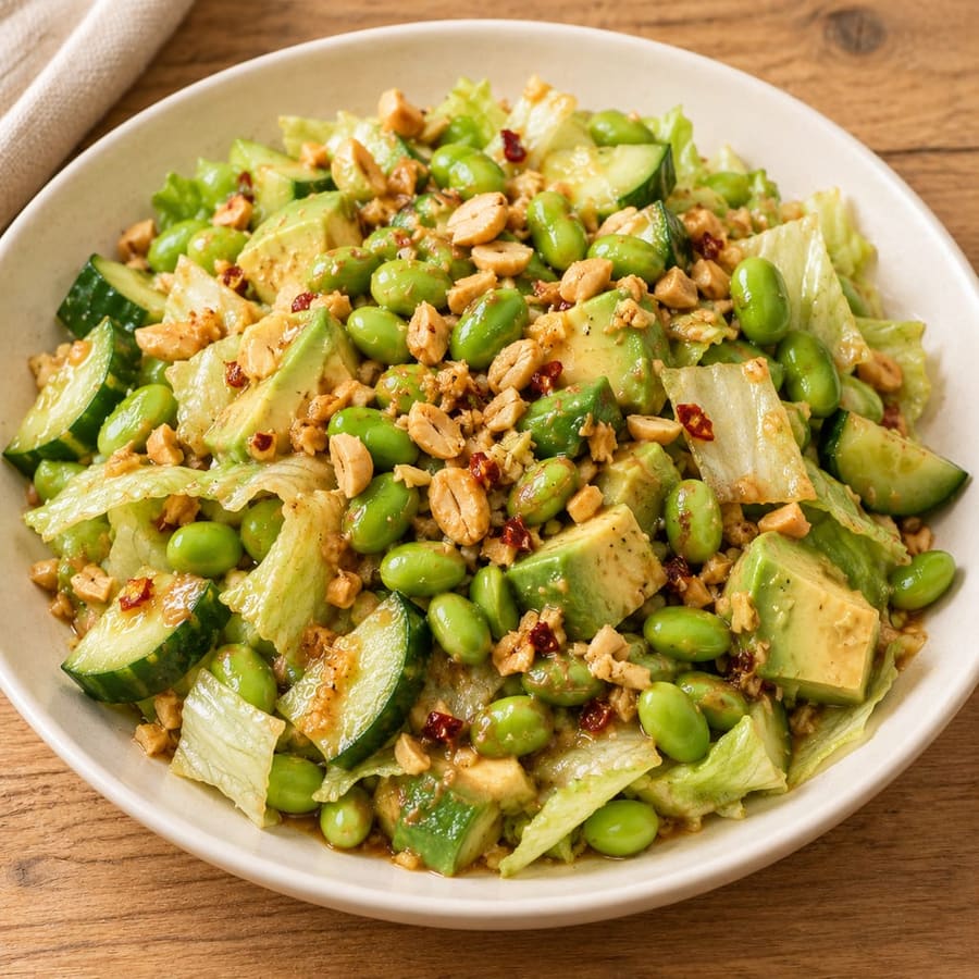 Warmer Edamame-Salat mit Gurke und Erdnussdressing