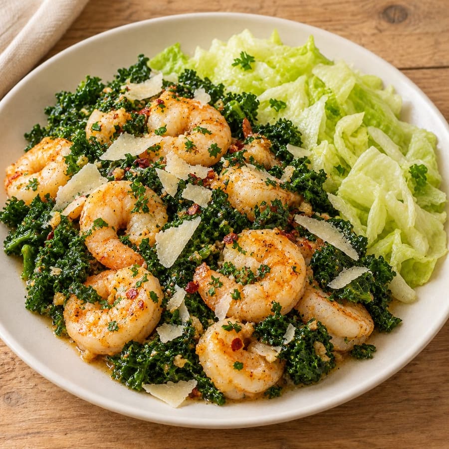 Warmer Garnelensalat mit Grünkohl und Eisbergsalat