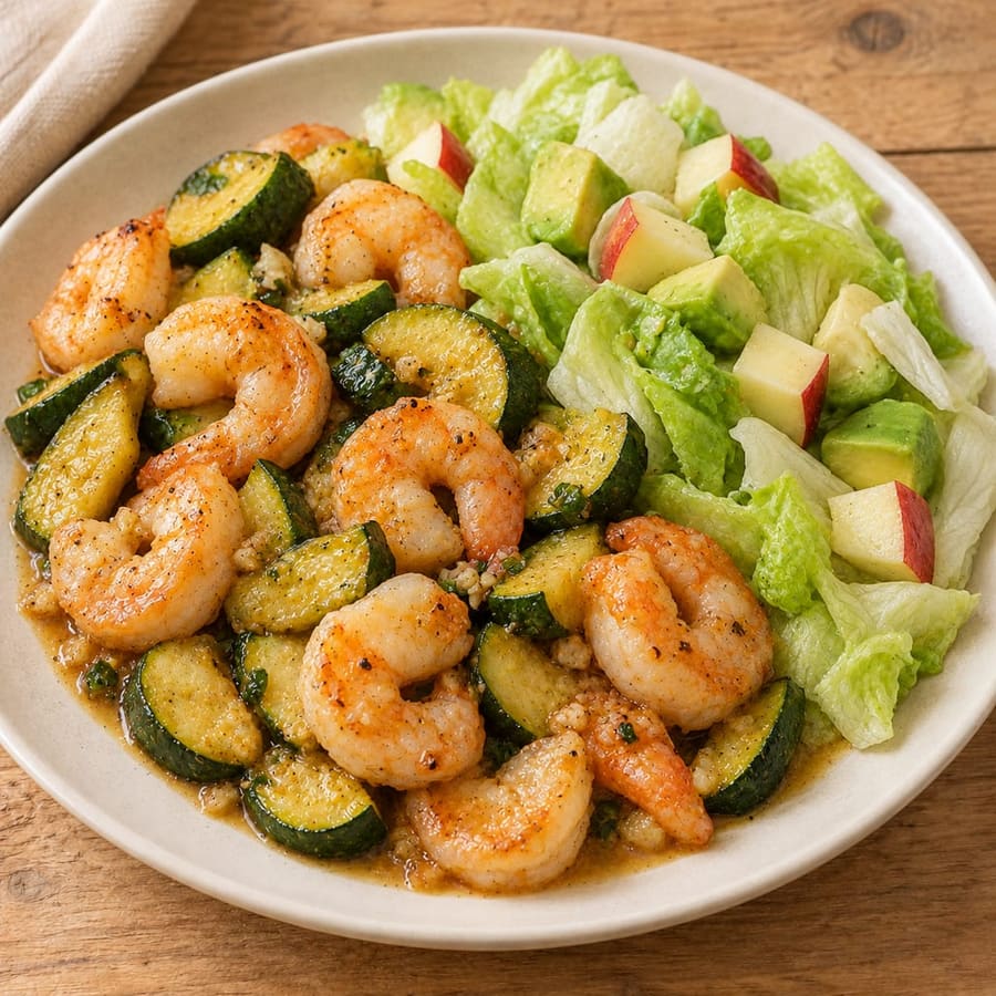 Lauwarmer Garnelensalat mit Zucchini, Avocado und Apfel