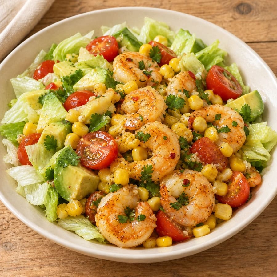 Lauwarmer Garnelensalat mit Mais und Avocado