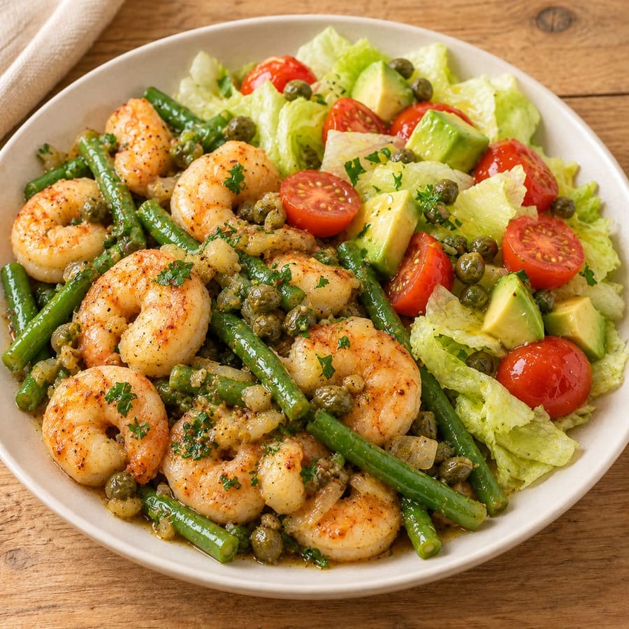 Lauwarmer Garnelensalat mit grünen Bohnen und Avocado