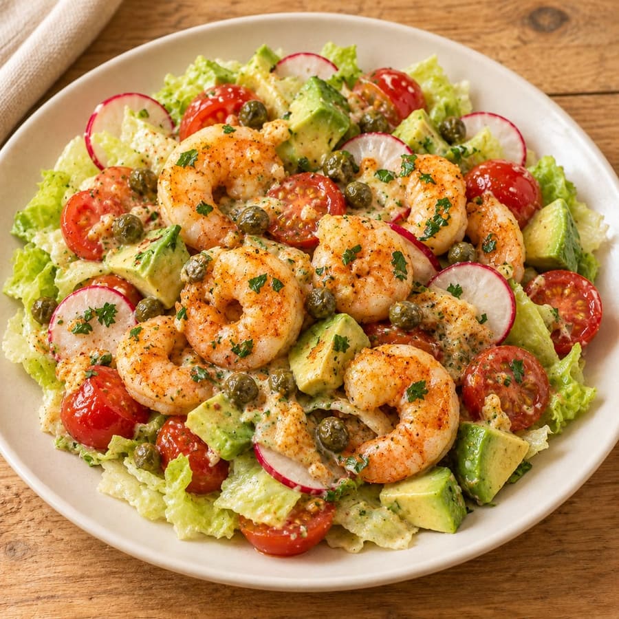 Warmer Garnelensalat mit Avocado, Kirschtomaten und Radieschen