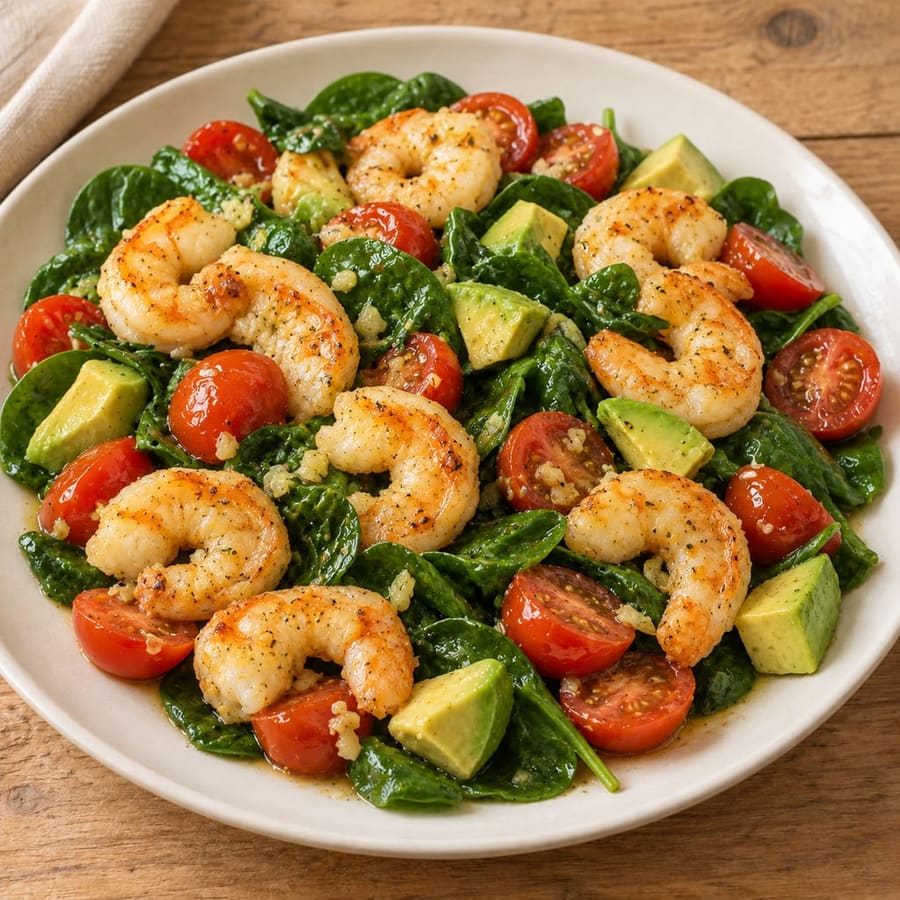 Warmer Knoblauch-Garnelensalat mit Spinat und Avocado