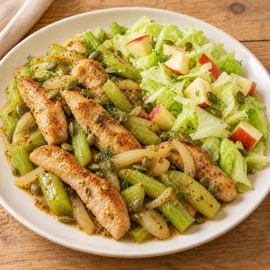 Warmer Schweinelendensalat mit Sellerie, Apfel und Dijon-Senf