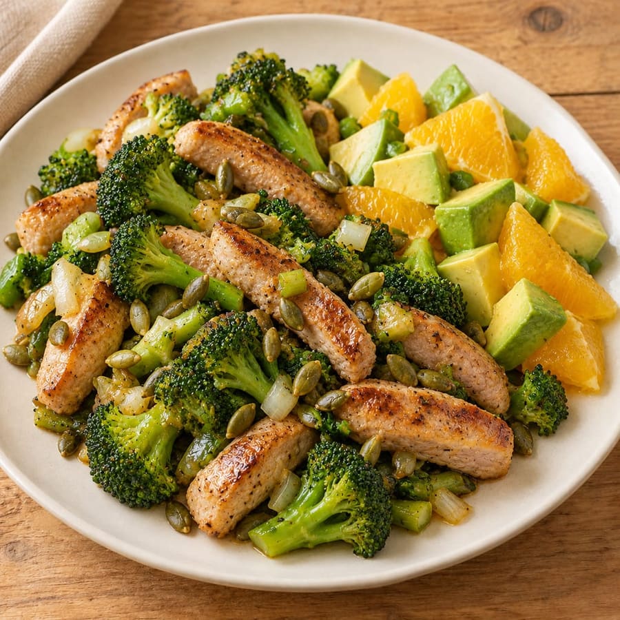Warmer Schweinesalat mit Brokkoli, Orange und Avocado