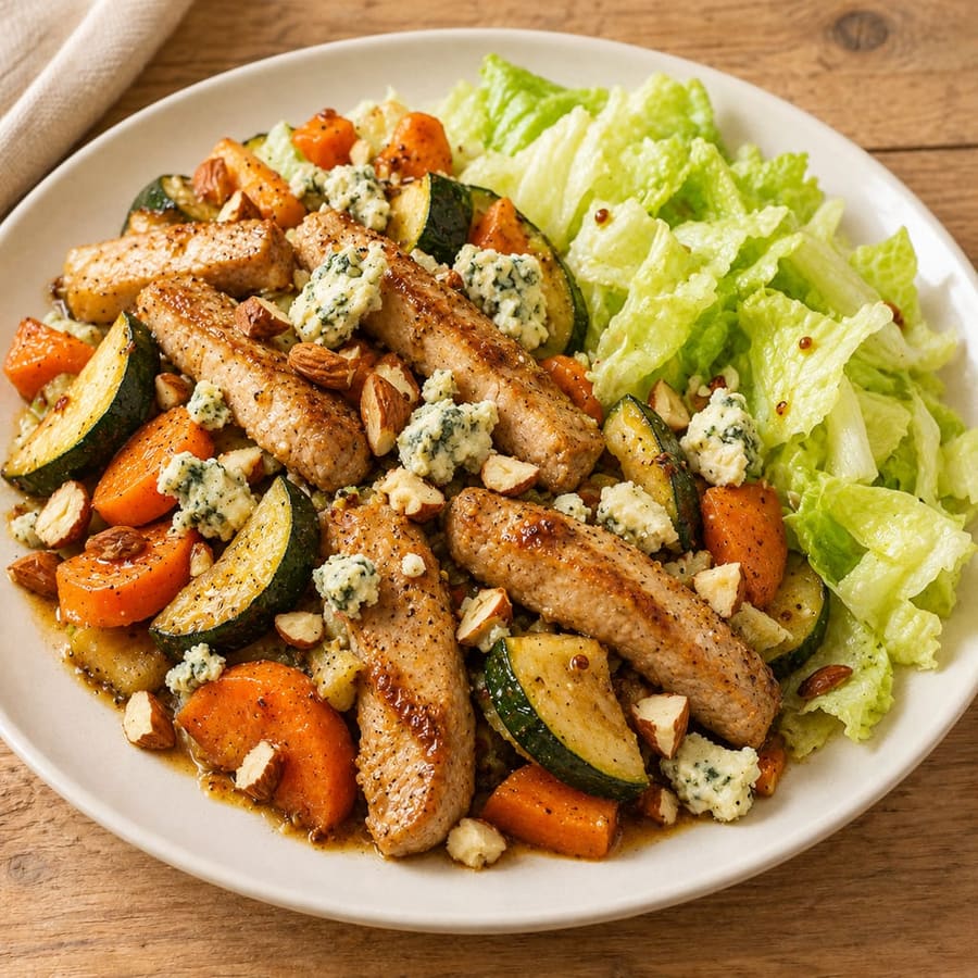 Warmer Schweinelachs-Salat mit Zucchini und Blauschimmelkäse