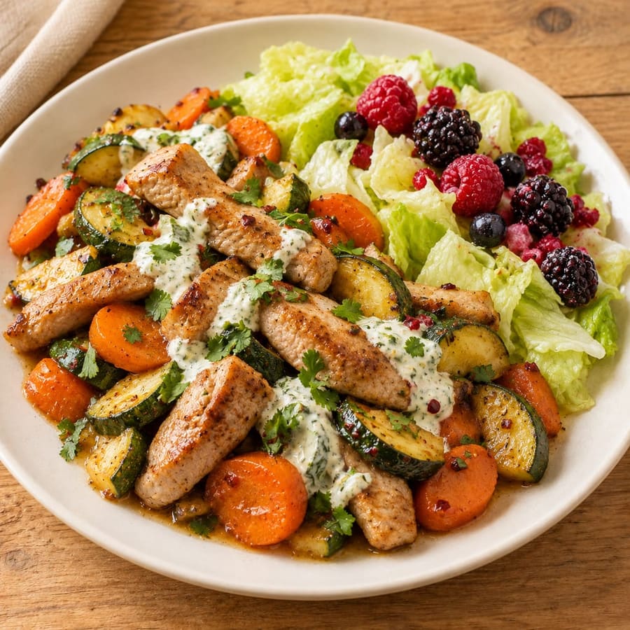 Lauwarmer Schweinesalat mit Zucchini und Beeren