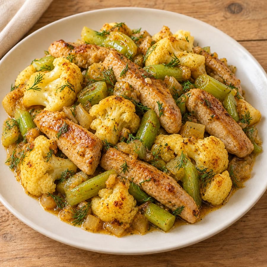 Warmer Schweinesalat mit Blumenkohl, Sellerie und Dijon-Senf