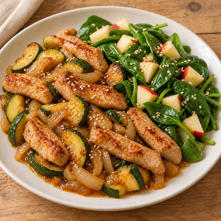 Warmer Salat mit Schweinelende, Spinat, Zucchini und Apfel