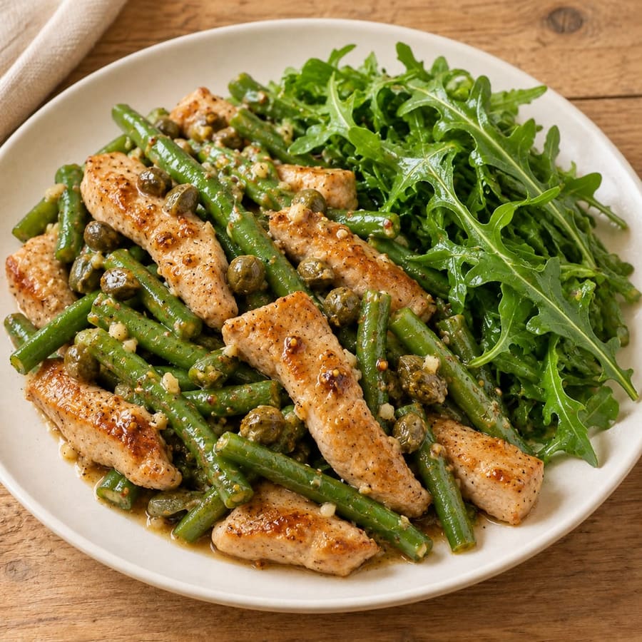 Lauwarmer Schweinelachs-Salat mit grünen Bohnen und Rucola