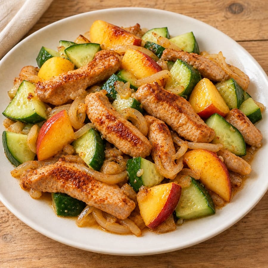 Lauwarmer Schweinelachs-Salat mit Gurke und Pfirsich