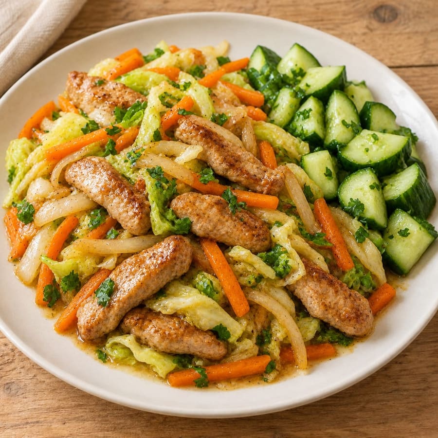 Warmer Schweinelachs-Salat mit Gurke, Weißkohl und Karotte