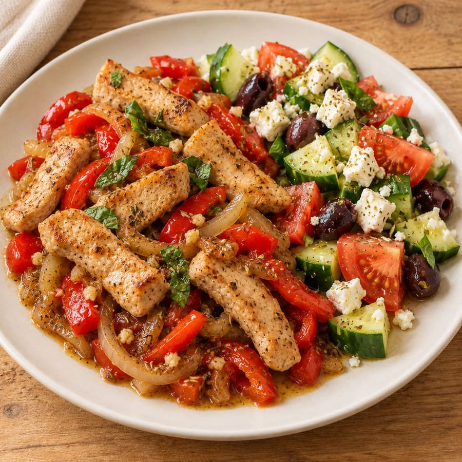 Lauwarmer Schweinesalat mit Feta und Oliven