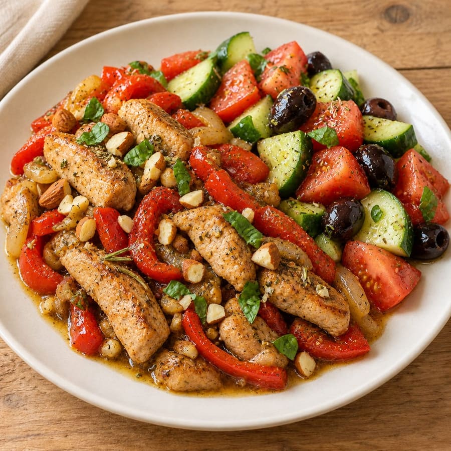 Warmer Schweinesalat mit Gurke, Tomate und Oliven