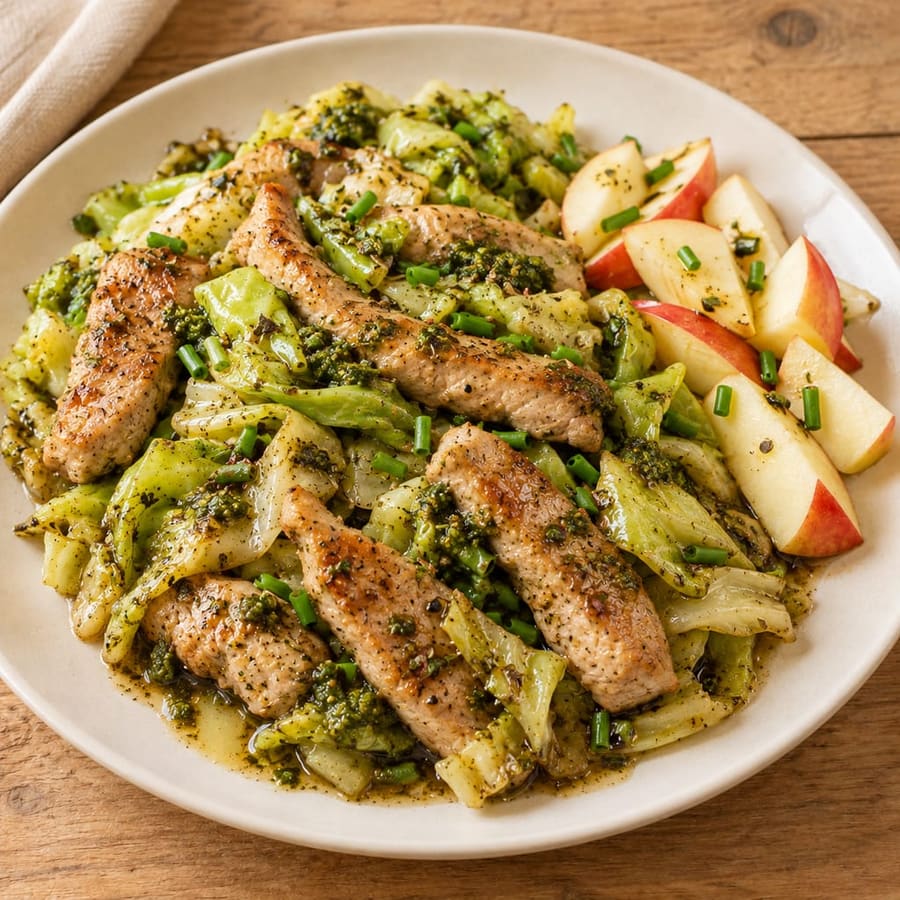 Warmer Schweinelachs-Salat mit Weißkohl, Pesto und Apfel
